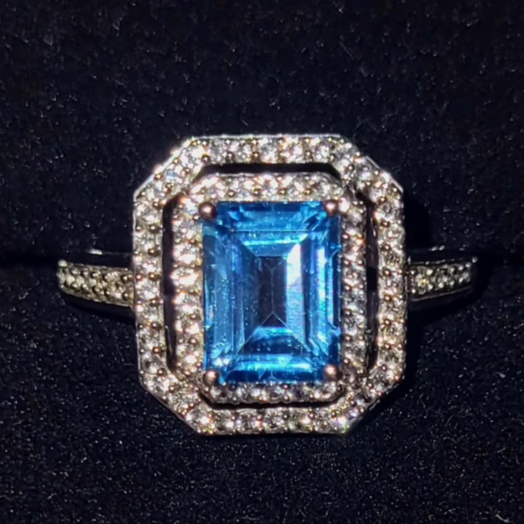 Designer 2 Carat 7x5mm Emerald Cut Blue Sapphire Moissanite Diamond Double Halo